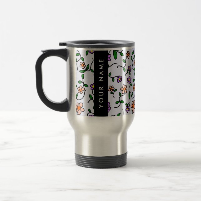Caneca Térmica Flores Coloridas, Fundo Azul, Preto (Esquerda)