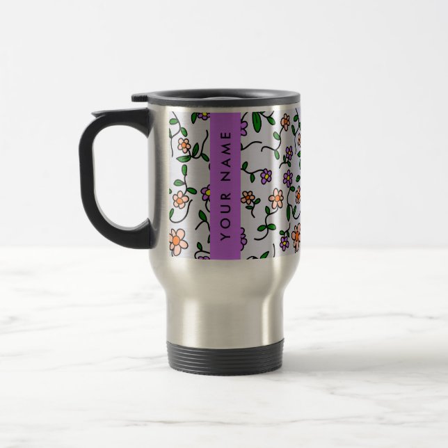 Caneca Térmica Flores Coloridas, Fundo Azul, Roxo (Esquerda)