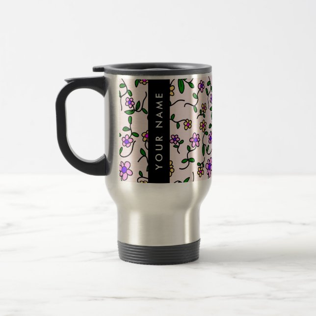 Caneca Térmica Flores Coloridas, Fundo Rosa, Preto (Esquerda)