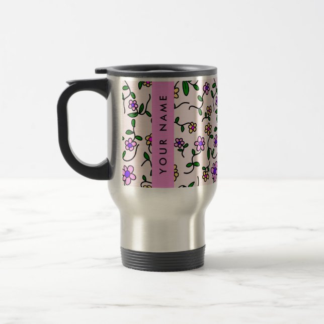 Caneca Térmica Flores Coloridas, Fundo Rosa, Rosa (Esquerda)