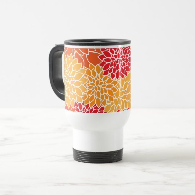 Caneca Térmica Flores Dahlia, Padrão De Flores, Laranja Dahlia (Frente Esquerda)