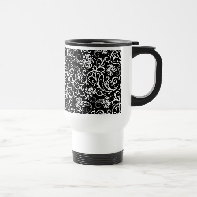 Caneca Térmica Flores dalmacianas negras, brancas, design de fund (Direita)