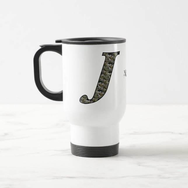 Caneca Térmica Flores de Hortênsia com Inicial de Monograma J Per (Esquerda)