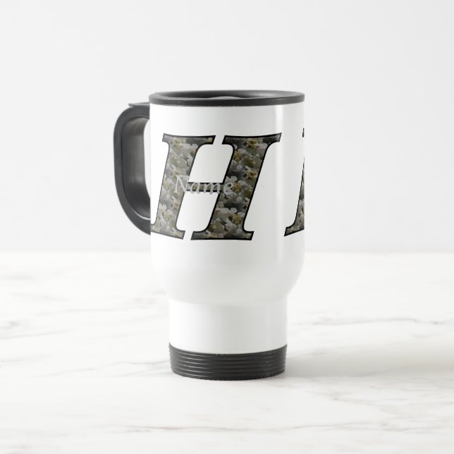 Caneca Térmica Flores de Hortênsia com Inicial de Monograma Perso (Frente Esquerda)