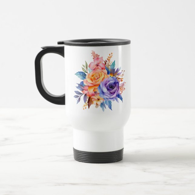 Caneca Térmica Flores de Rosa de Aquarela Design- 58392 (Esquerda)