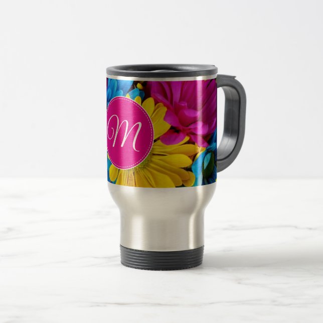 Caneca Térmica Flores Monograma em Cores Fluorescentes (Frente Esquerda)