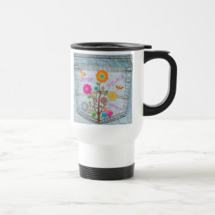 Caneca Térmica Flores no Bolso Traseiro de Jeans Paz Amor Esperan
