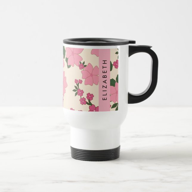 Caneca Térmica Flores Rosa, Padrão De Flores, Seu Nome (Direita)