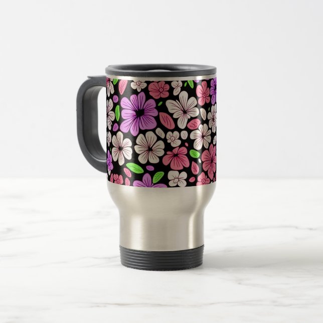 Caneca Térmica Flores Roxas e Rosadas e Padrão de Pétalas Preto (Frente Esquerda)
