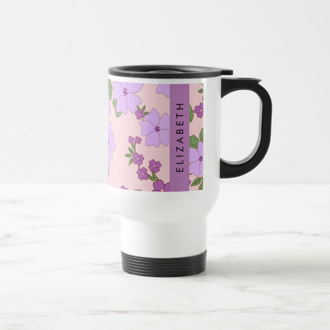 Caneca Térmica Flores Roxas, Padrão De Flores, Seu Nome (Direita)