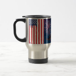 Caneca Térmica Flying Bald Eagle with USA Flag Scarf & Fireworks