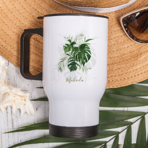 Caneca Térmica Folhas Tropicais Aquarela Personalizadas