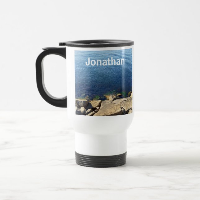 Caneca Térmica Foto de Deep Blue Atlantic Ocean Rocky Cliff Name (Esquerda)