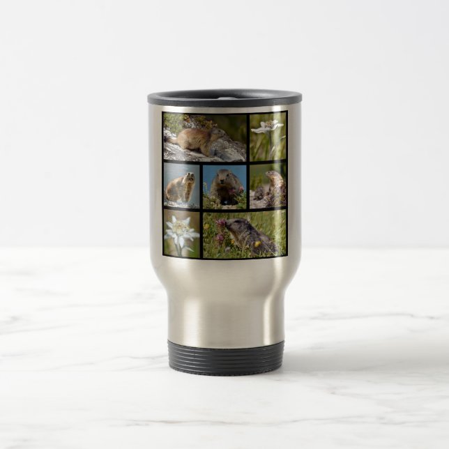 Caneca Térmica Fotos de mosaico, marmotas alpinas e edelweiss (Centro)