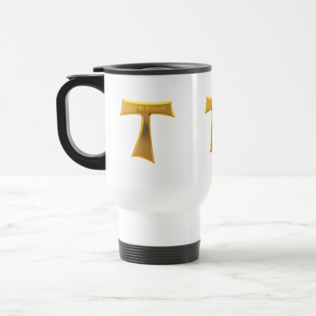 Caneca Térmica Franciscan Tau Cross Pax Et Bonum Dourado Metálico (Esquerda)