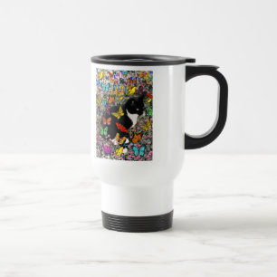 Caneca Térmica Freckles nas borboletas - pretas & no gato branco