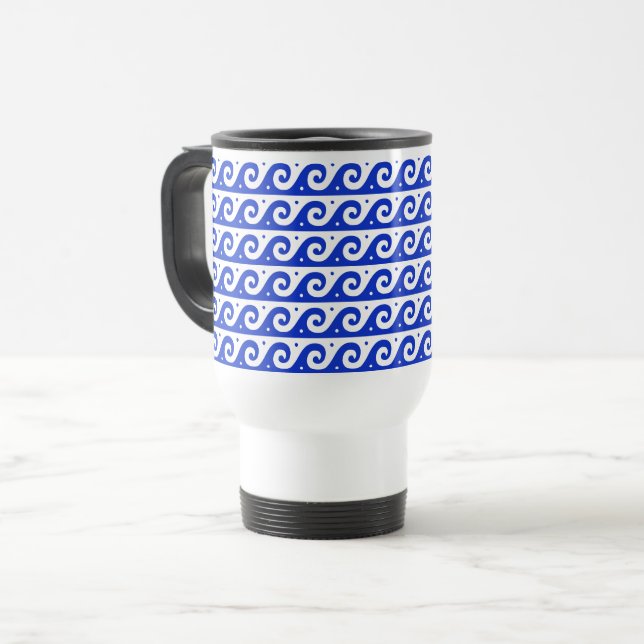 Caneca Térmica Frete Grego, Padrão de Onda Mediterrânica, Azul (Frente Esquerda)