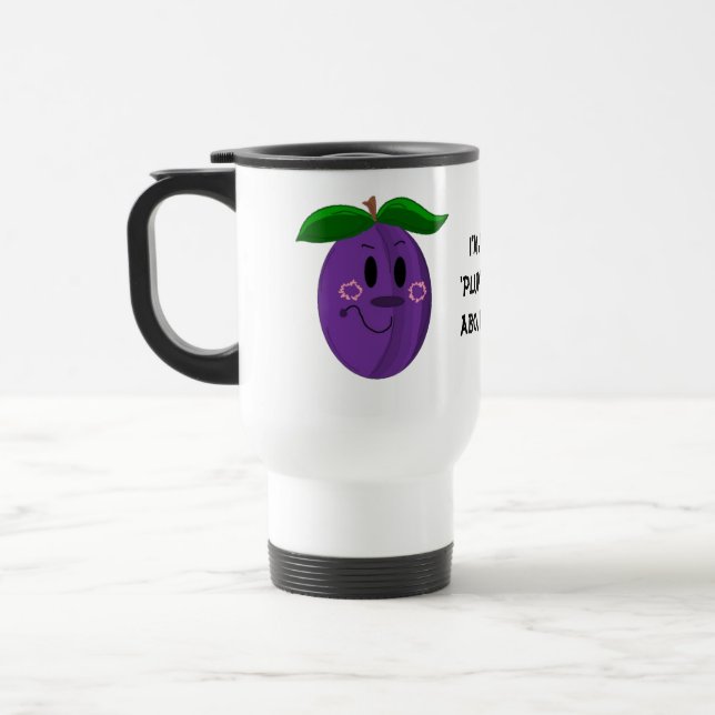 Caneca Térmica Fruta de ameixa de desenho animado com ditado (Esquerda)