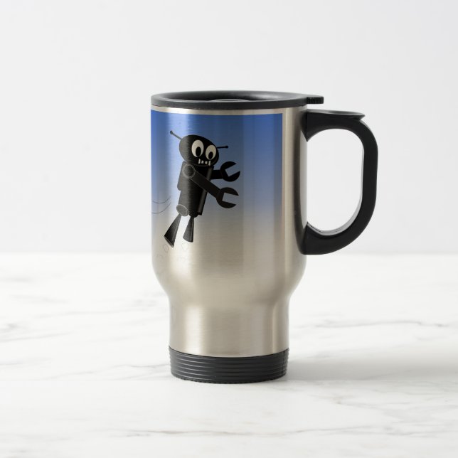 Caneca Térmica Fundo Azul-Céu Azul-Robô Voador Negro (Direita)