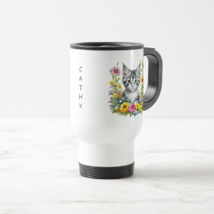 Caneca Térmica Gatinho Aquarela em Flores Amarelas Personalizado
