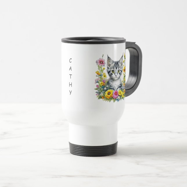 Caneca Térmica Gatinho Aquarela em Flores Amarelas Personalizado (Frente Esquerda)