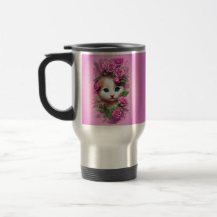 Caneca Térmica Gatinho Chique bonito com rosas cor-de-rosa