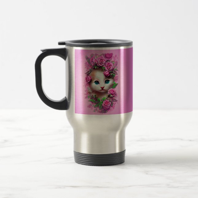 Caneca Térmica Gatinho Chique bonito com rosas cor-de-rosa (Esquerda)