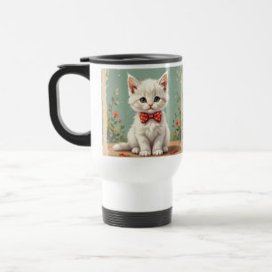 Caneca Térmica Gato branco fofo e adorável com gravata borboleta