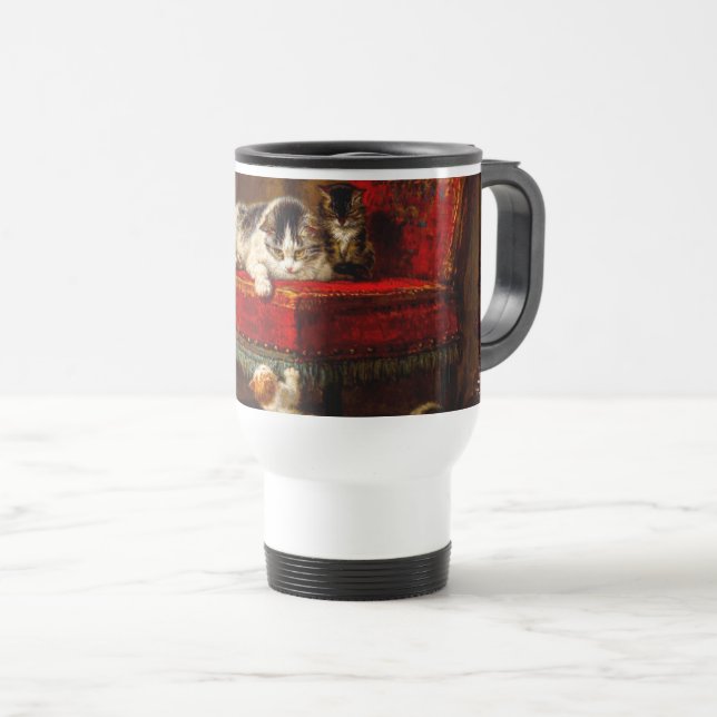 Caneca Térmica Gato e Gatinhos Brincando com Cadeira (Frente Esquerda)