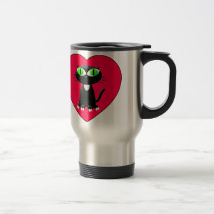 Caneca Térmica Gato Negro Em Coração Vermelho