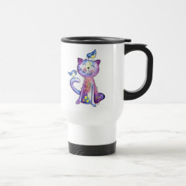 Caneca Térmica Gato Roxo Caprichoso Fofo com Pássaros