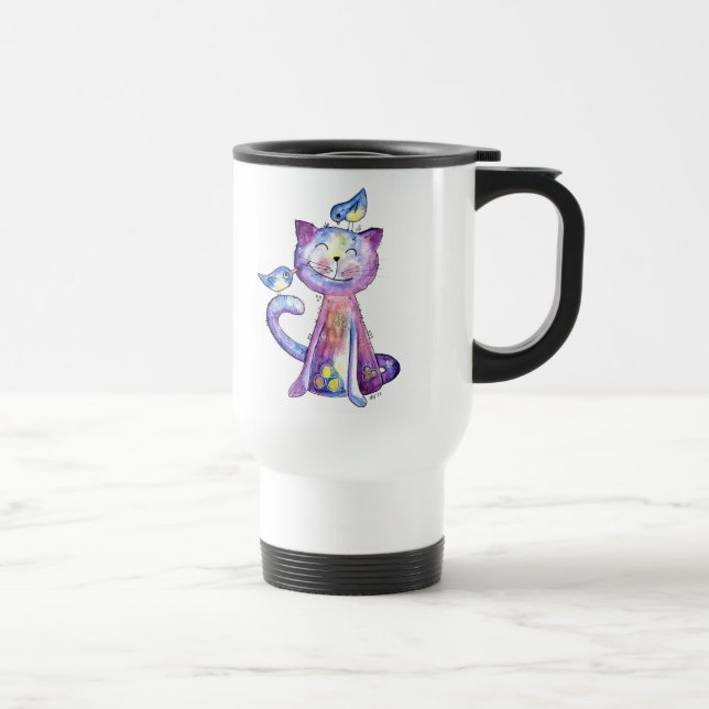 Caneca Térmica Gato Roxo Caprichoso Fofo com Pássaros (Direita)