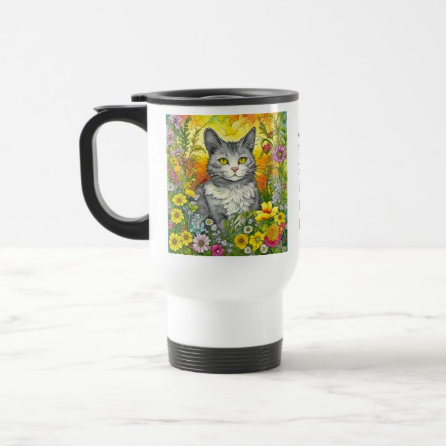 Caneca Térmica Gato Whimsical Personalizado e Flores (Esquerda)
