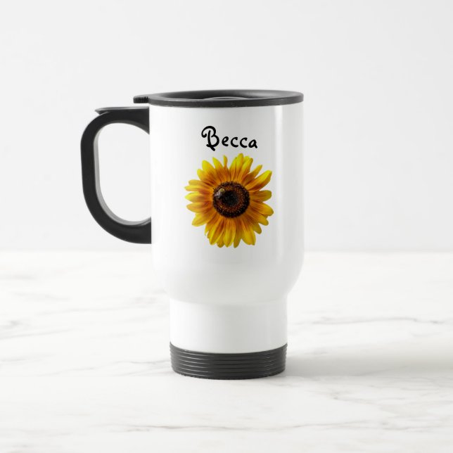Caneca Térmica Girassol Amarelo Cheio com Abelha Personalizada (Esquerda)