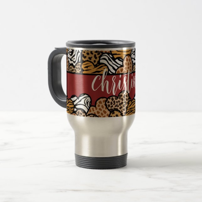 Caneca Térmica Girly Red Playful Animal Print Hearts Name (Frente Esquerda)