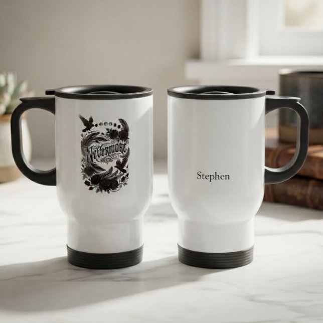 Caneca Térmica Gótico Corvo Barroco de Ônix Sombrio (Onyx raven travel tumbler for dark academia commuters and Halloween adventures.)