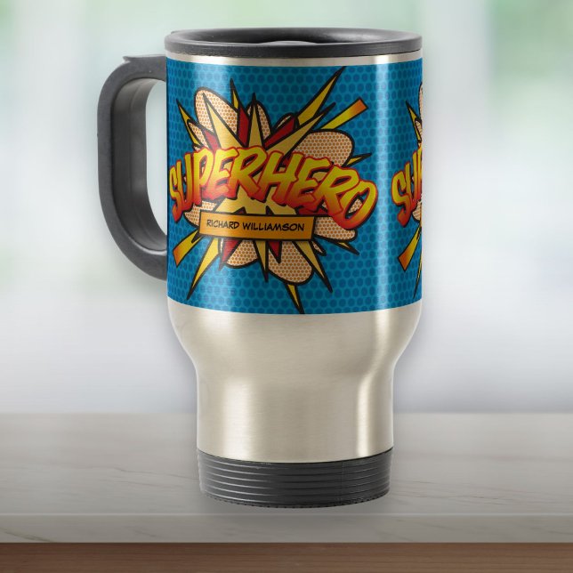 Caneca Térmica Herói SUPER-HEROI de história em quadrinhos person (Personalized Comic Book SUPERHERO Travel Mug)
