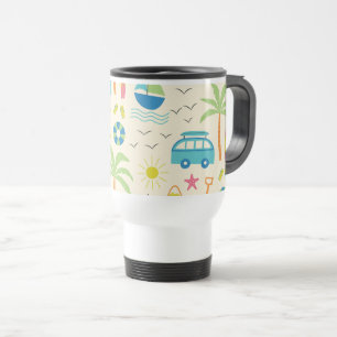 Caneca Térmica Ícones de Praia de Verão Palmeiras, Barcos e sol