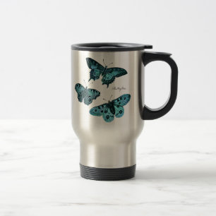 Caneca Térmica Ilustração azul da borboleta da cerceta do vinta