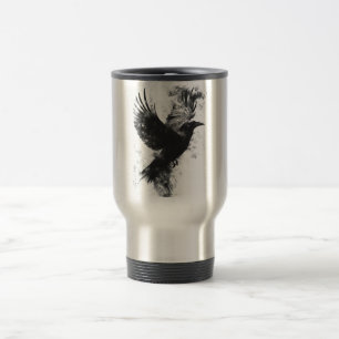 Caneca Térmica Ilustração de Corvo Gótico: Fumaça e Penas