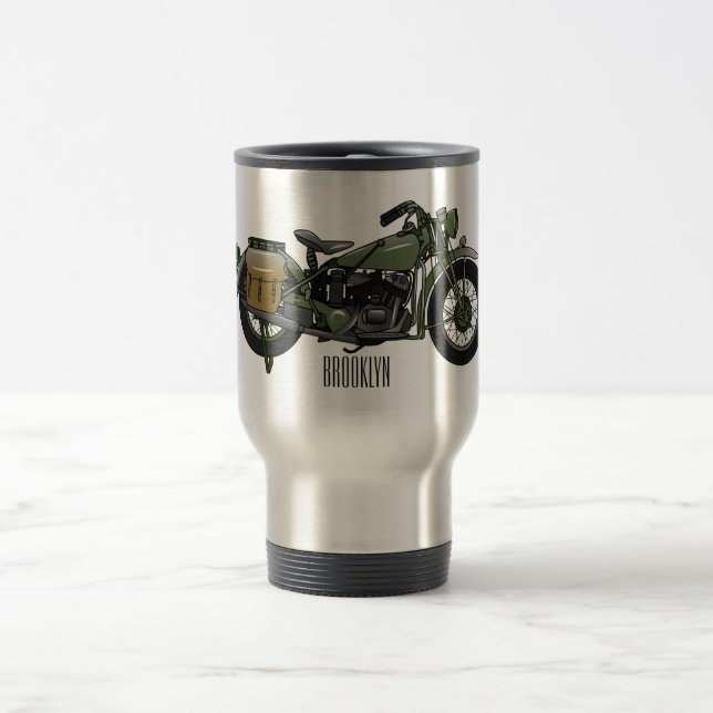Caneca Térmica Ilustração de desenho animado de motocicleta milit (Centro)