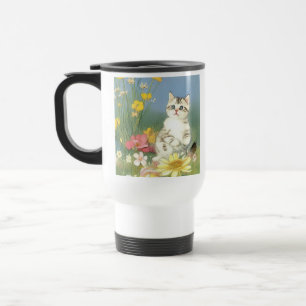 Caneca Térmica Ilustração Vintage Kitten com Flores Amarelas