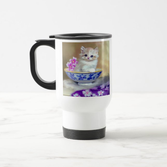 Caneca Térmica Ilustração Vintage White Kitten (Esquerda)