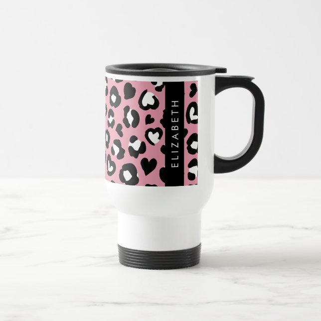 Caneca Térmica Impressão Animal, Leopardo Rosa, Corações, Seu Nom (Direita)