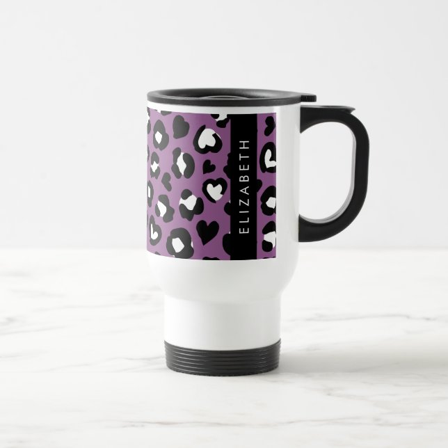 Caneca Térmica Impressão Animal, Leopardo Roxo, Corações, Seu Nom (Direita)