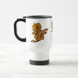 Caneca Térmica Iniciais do Monograma F Elegante Peônia Dourada Pe