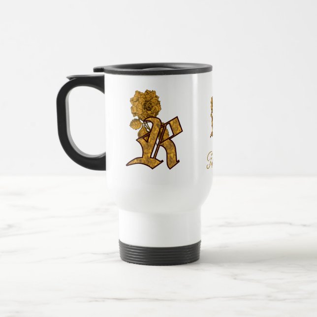 Caneca Térmica Inicial de Monograma R Elegante Peônia Dourada Per (Esquerda)