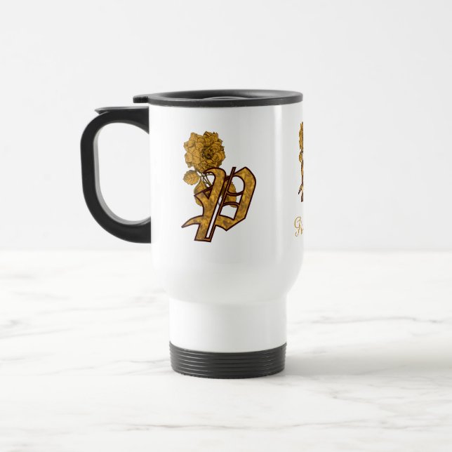 Caneca Térmica Inicial do Monograma P Elegante Peônia Dourada Per (Esquerda)