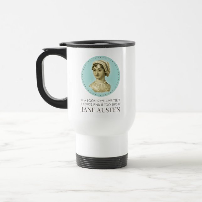 Caneca Térmica Jane Austen Retrato e Citação na Leitura (Esquerda)