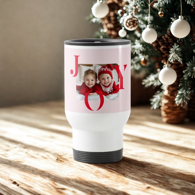 Caneca Térmica JOY | Presente de Foto de Natal Moderno Vermelho e (Criador carregado)